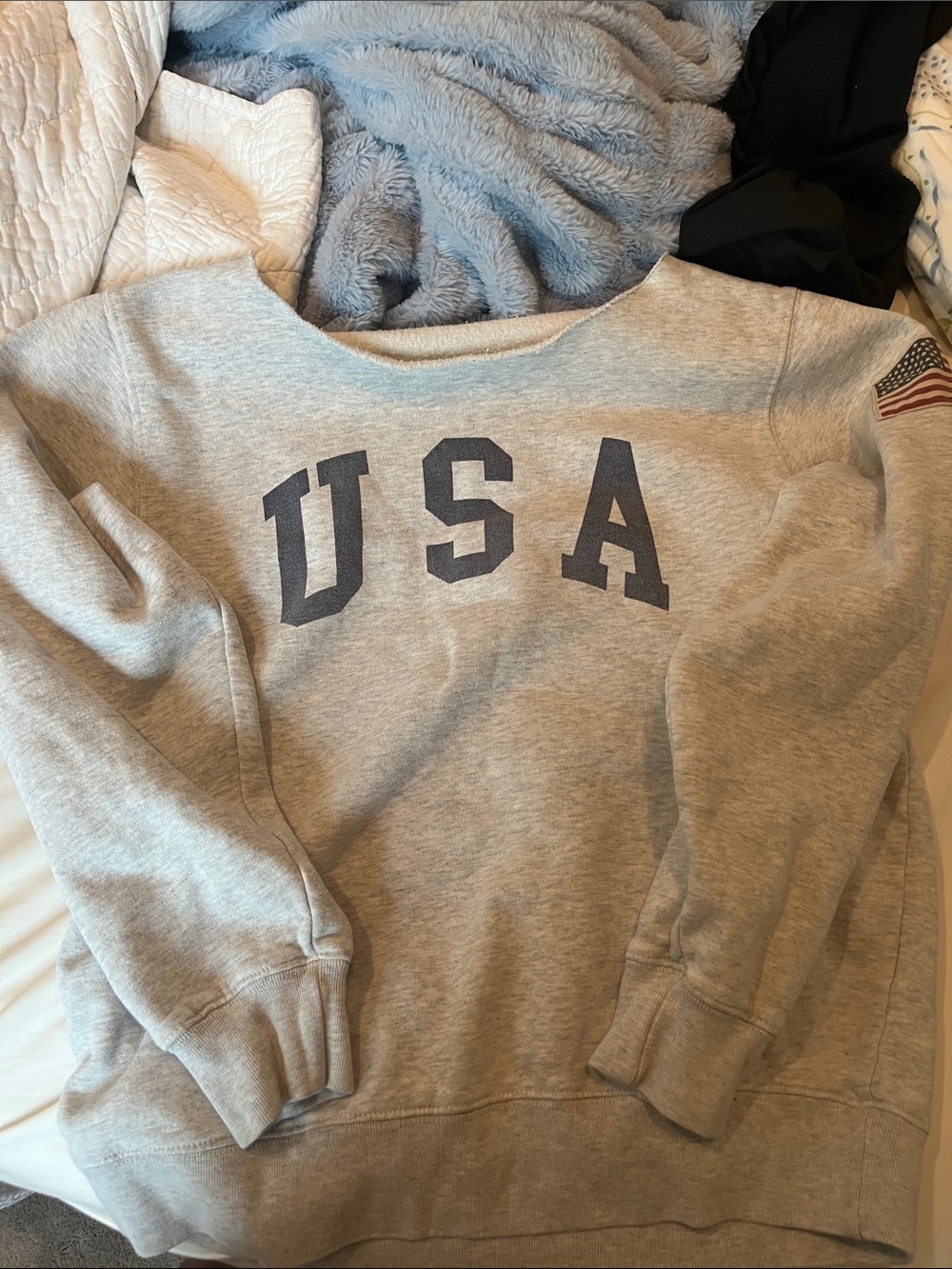 Brandy Melville Off-the-Shoulder USA Sweatshirt in Light Gray with Navy Letters